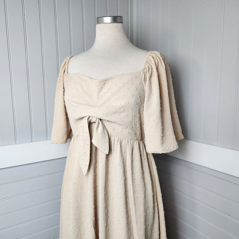 Ott Swiss Dot Midi Dress Cream Womens M Faux Tie Stretch Bodice Boho Cottagecore